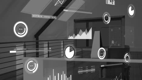 Animation-of-radars,-graphs,-loading-bars-and-circles-over-unoccupied-chair-and-desktop-in-office