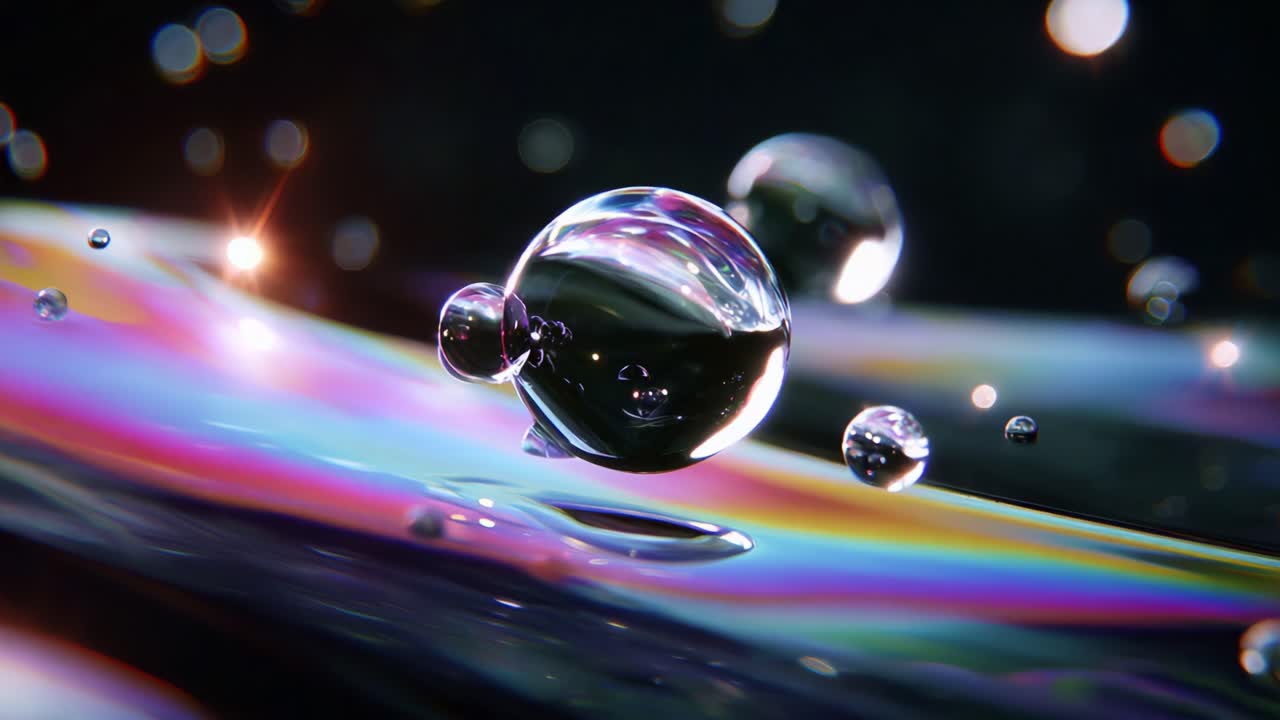 A Stunning Visual Exploration of Colorful Bubbles Floating on a Liquid Surface, Capturing the Intricate Interplay of Light and Reflection in a Dreamlike, Abstract Environment