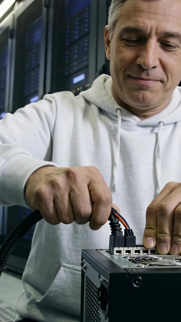 Vertikal video: Person med hættetrøje sætter kabel i strømforsyning ved serverrack, mens gnister springer