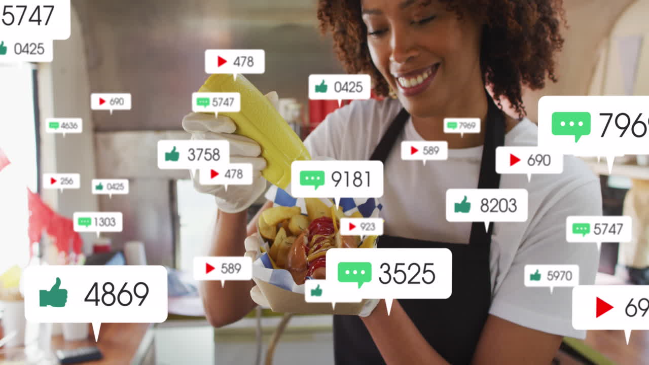 animación de iconos de los medios sobre una mujer afroamericana preparando un perrito caliente