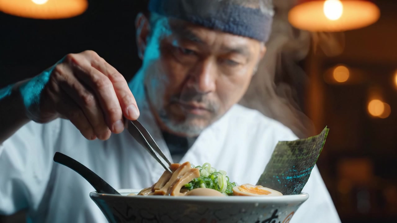 Mesterkok tilbereder dygtigt en lækker skål ramen med friske ingredienser, nudler og aromatisk bouillon i en hyggelig, varm atmosfære fyldt med smag