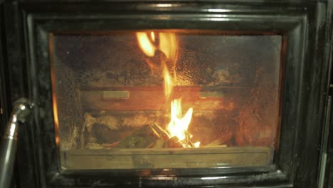 Wood-burning-stove-lighting-burning-kindling