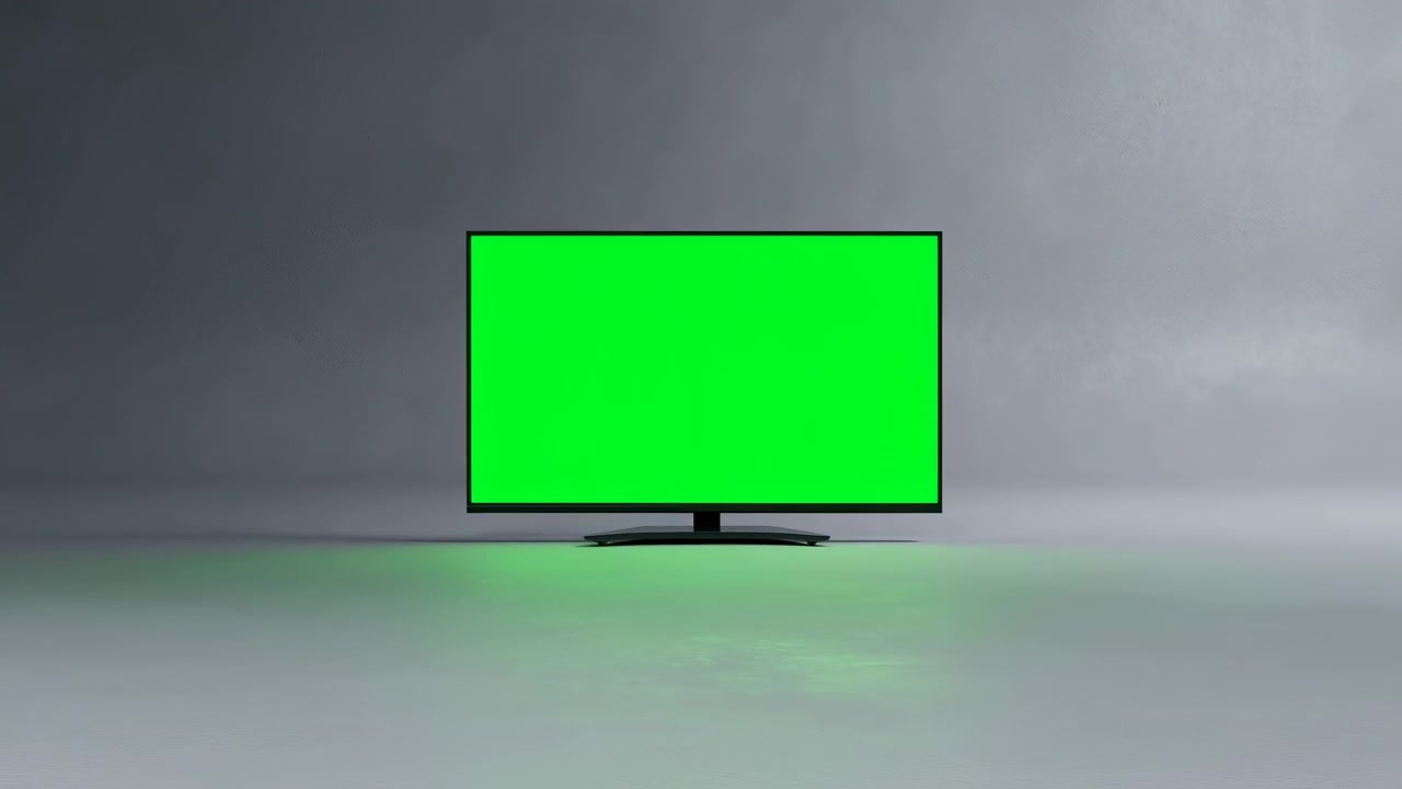 Green Screen TV On Gray Studio Backdrop With Subtle Fog And Reflective Floor, Centered Widescreen Monitor