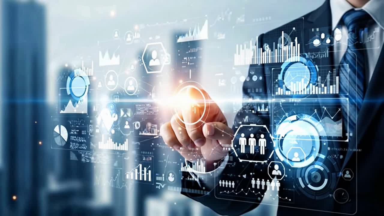 Businessman Interacting with a Holographic Interface for Data Analysis