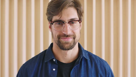 happy man, glasses and smile on face showing