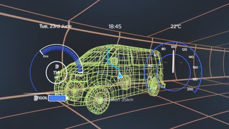 Animation-of-speedometer-over-electric-van-project-on-navy-background