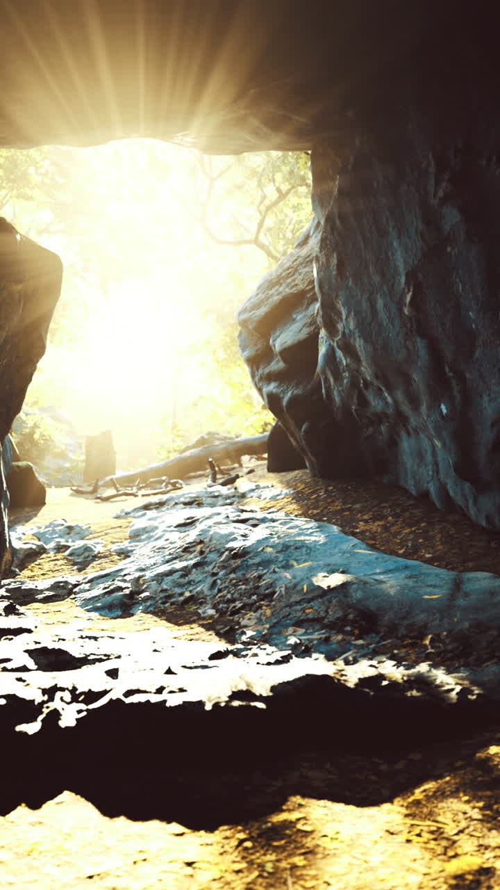 Light streaming through a cave entrance in a serene forest during midday