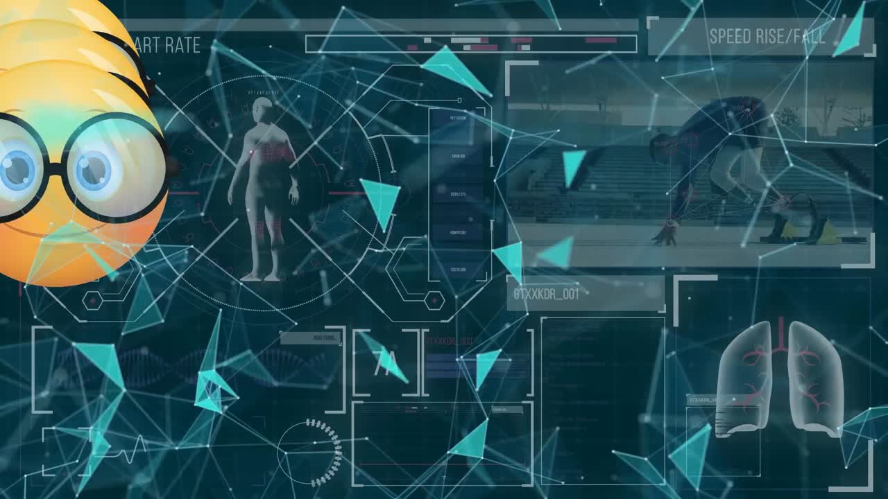 이모티콘의 애니메이션, 회전하는 인간 모델 및 스크리에 대한 다양한 데이터