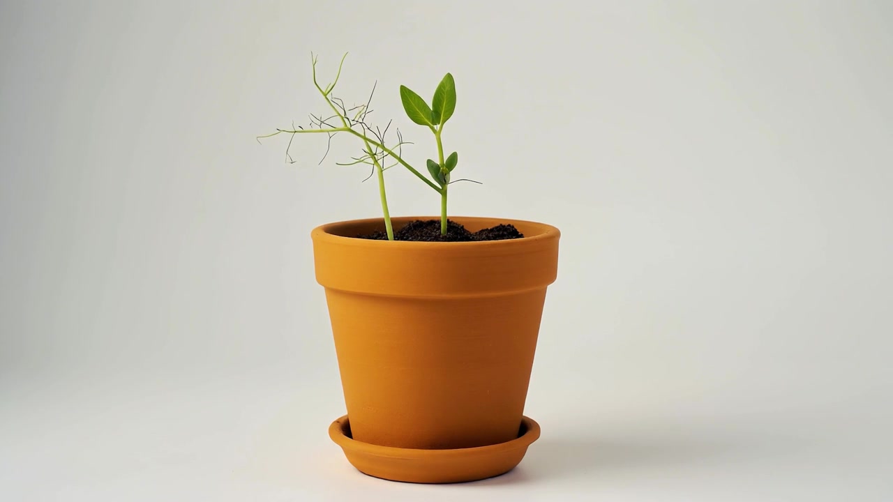 Piccolo germoglio verde che cresce in un vaso di terracotta