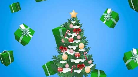Animation-Von-Geschenken-Und-Weihnachtsbaum,-Die-Auf-Blauen-Hintergrund-Fallen