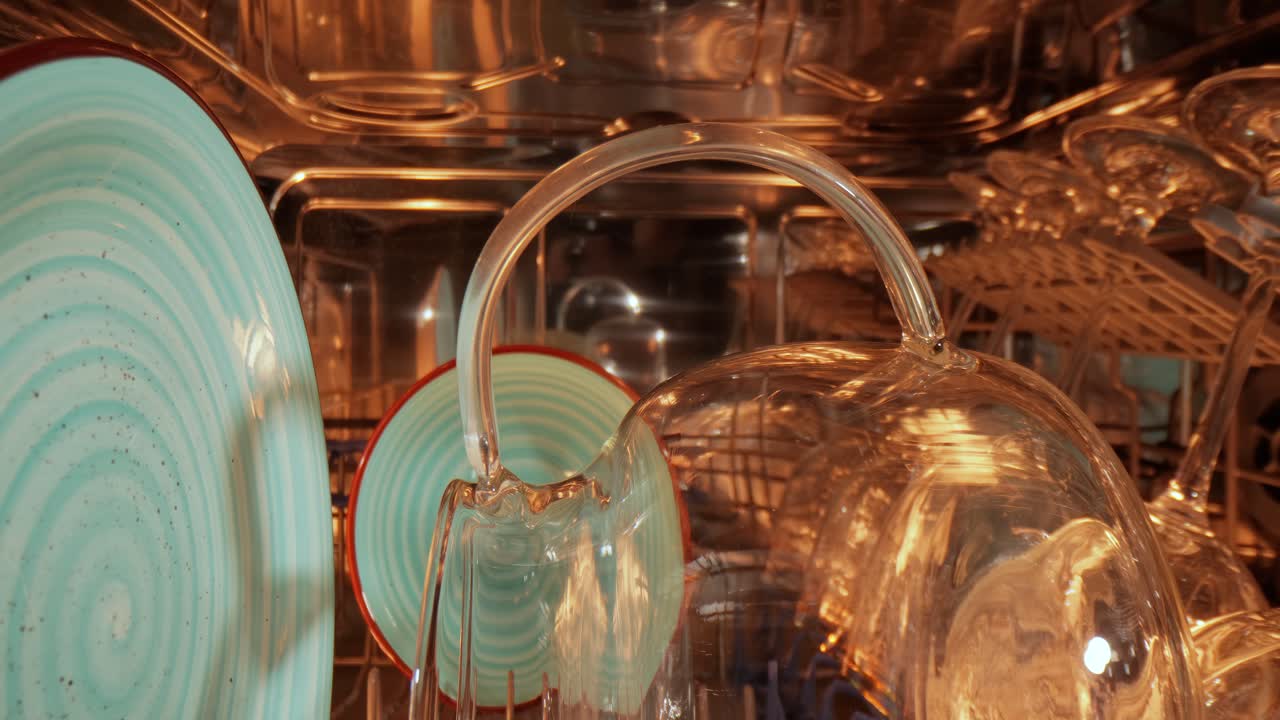 Open dishwasher with clean dishes. Housekeeping concept