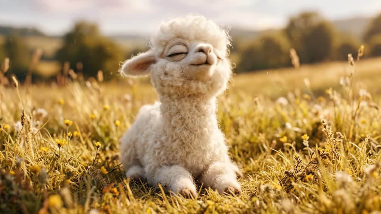 Niedliches Alpaka-Baby ruht friedlich auf einem sonnigen Grasfeld