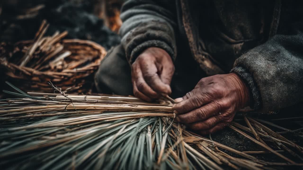 Craftsmanship in Action: A Close-Up of Hands Weaving Natural Materials into Intricate Patterns, Showcasing Traditional Skills and Cultural Heritage