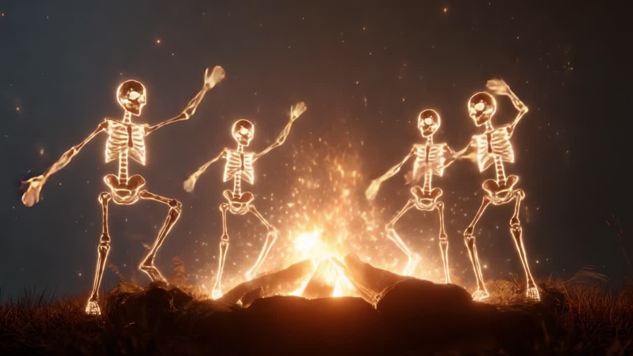 A Vibrant Celebration of Life and Death: Illuminated Skeletons Dancing Around a Mystical Campfire, Uniting Presence and Spirit in a Mesmerizing Circle of Light