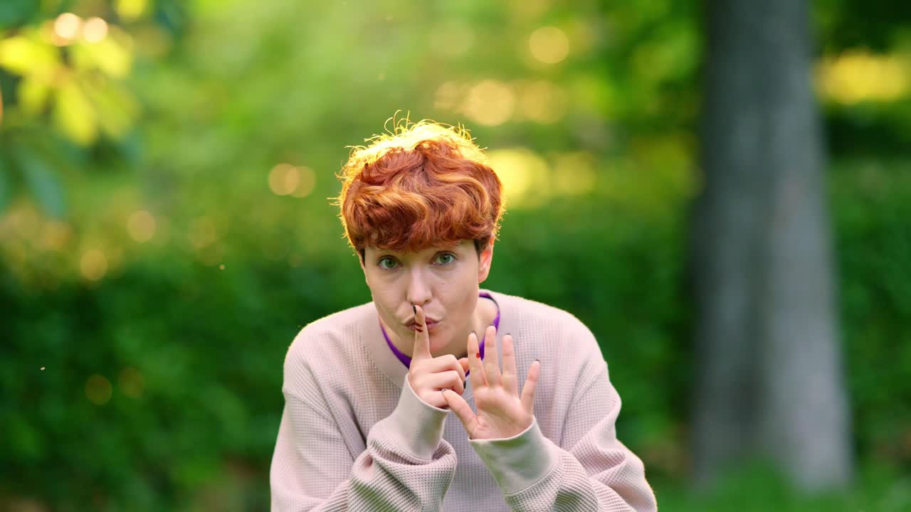 Woman with red hair making a 'shhh' gesture outdoors