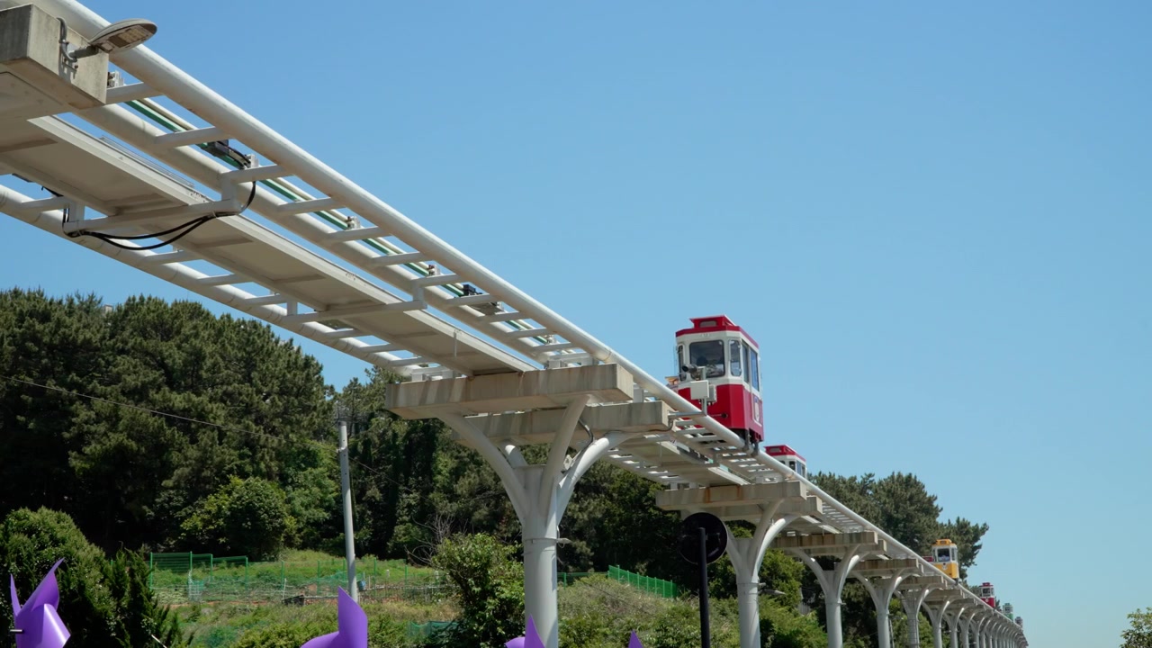Inquadratura dal basso di colorate auto retrò Sky Capsule che trasportano turisti su una pista sopraelevata nell'Haeundae Blue Line Park, contro il cielo blu in una giornata estiva a Busan, Corea.