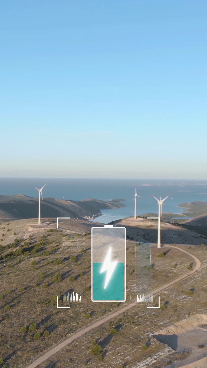 Video verticale di mulini a vento con un'animazione di ricarica della batteria. Render 3D che mostra la generazione di energia pulita