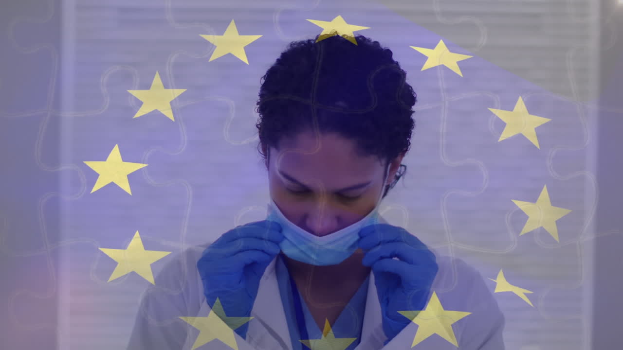 animación de la bandera de la ue sobre una doctora biracial con máscara facial