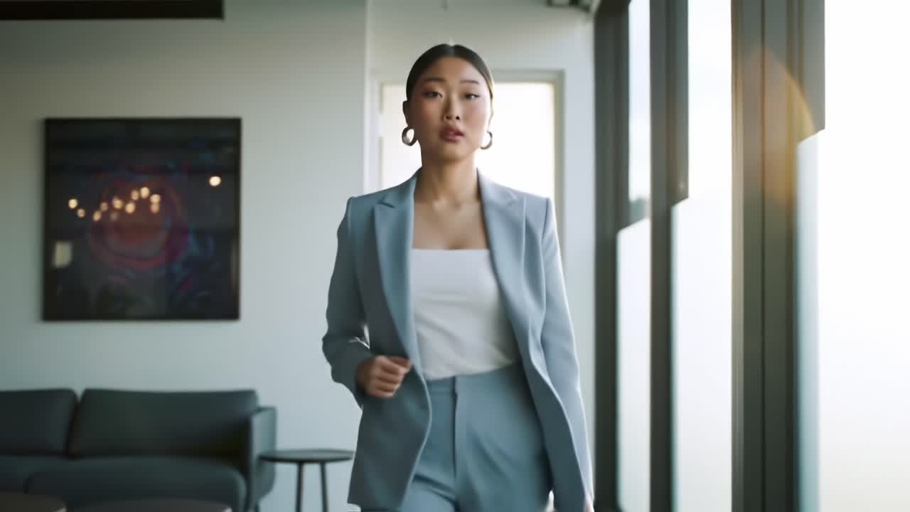 A Confident Business Professional Embarks on a Strategic Journey Through Modern Office Spaces, Demonstrating Poise and Determination in Every Step