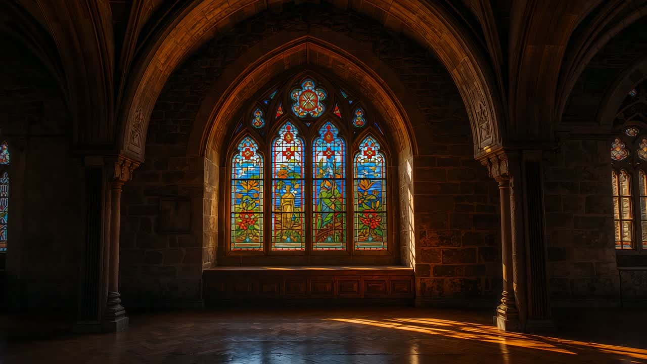 Filtering sunlight through stained glass window casting shifting light on medieval chapel floor