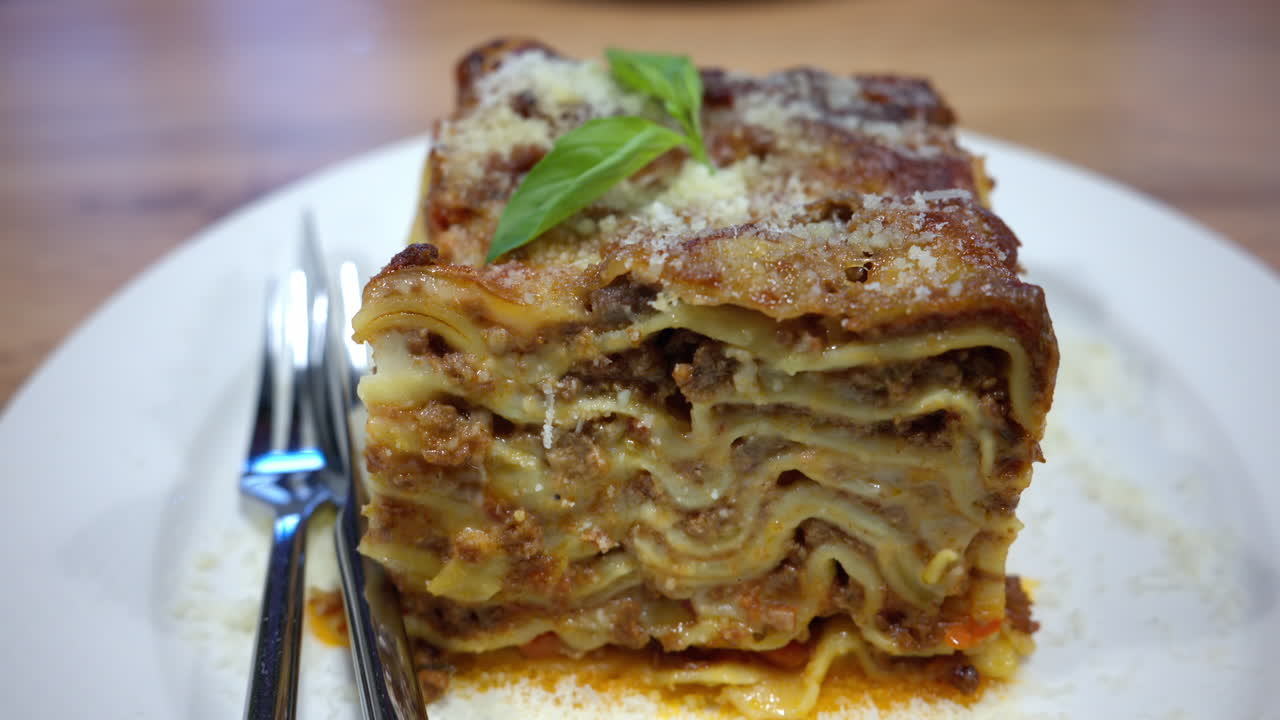 Italian lasagna bolognese with beef sauce close up