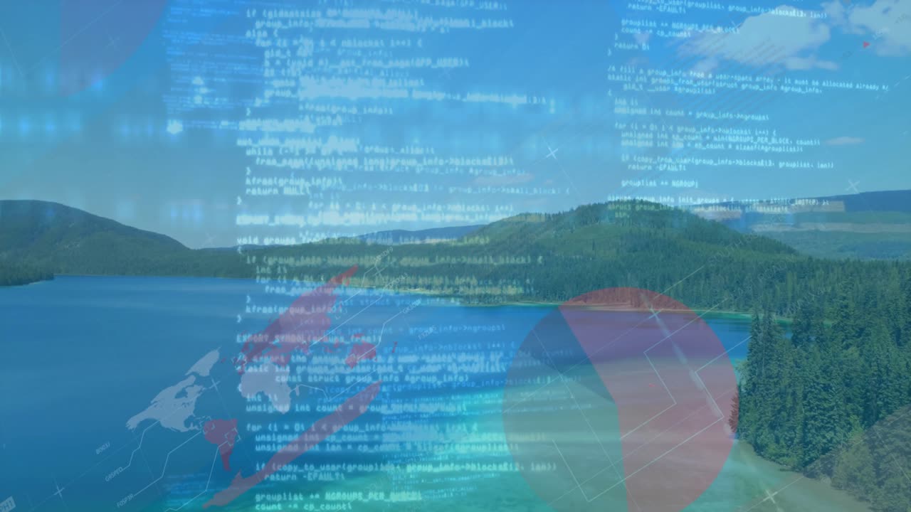 Code flowing over mountain lake, pie charts labelling percentages; glitch bars calibrating colors