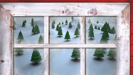 Wooden-window-frame-against-multiple-trees-on-winter-landscape