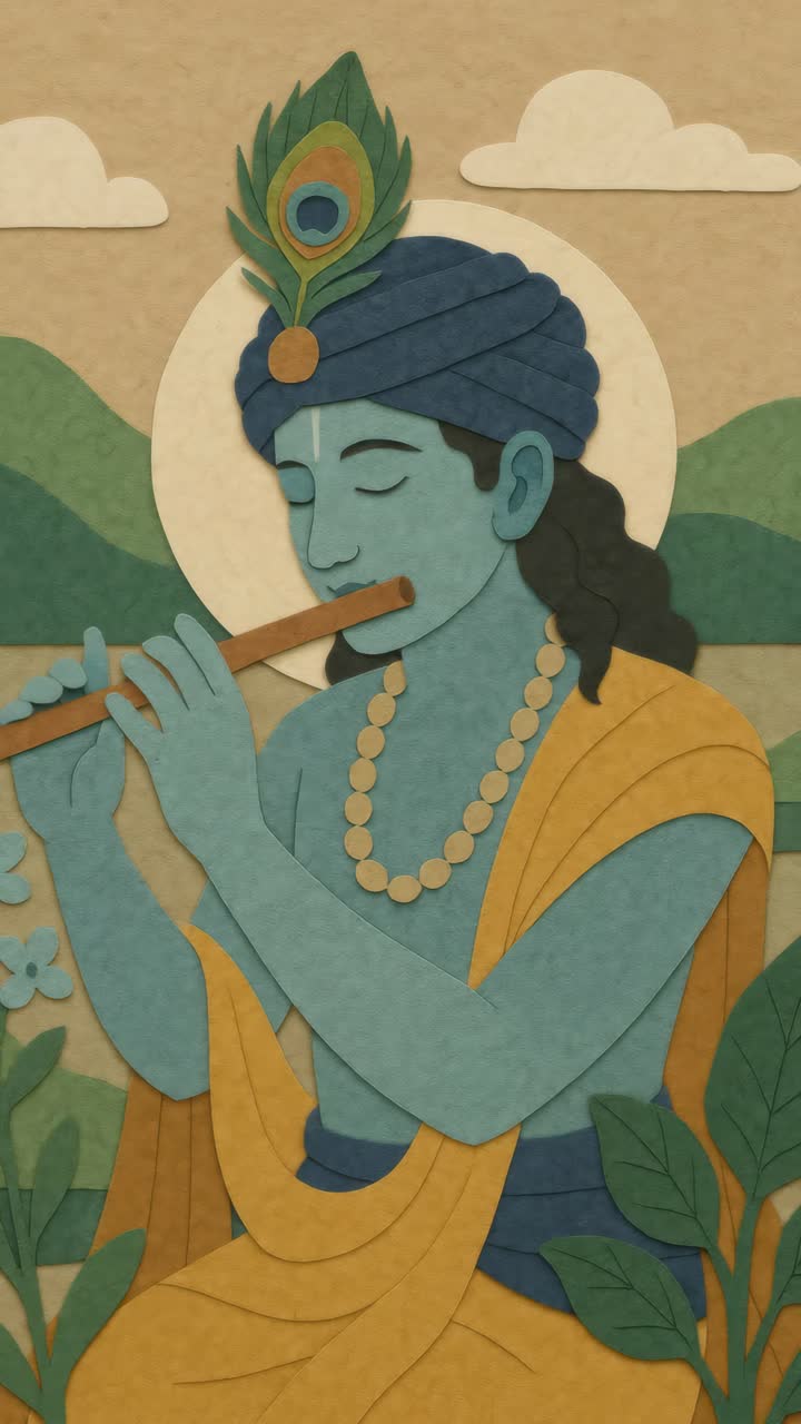 Colorful paper art of a flute-playing figure in a serene landscape