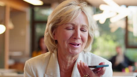 mature businesswoman working on laptop at desk in office talking into mic of mobile phone