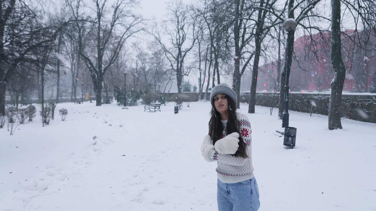 눈보라 때 공원 에 있는 여자
