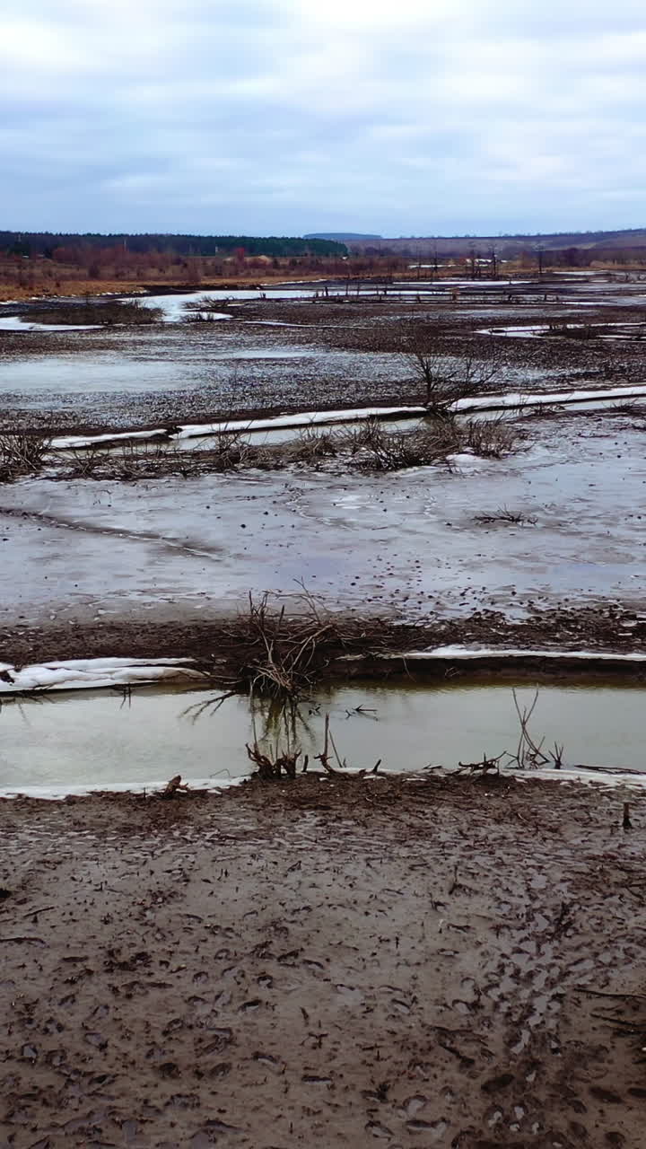 Nature in danger. Drought on earth. Narrow stream of dirty water of dried lake. Climate change. Ecological disaster. Environmental pollution. Motion camera back. Vertical video