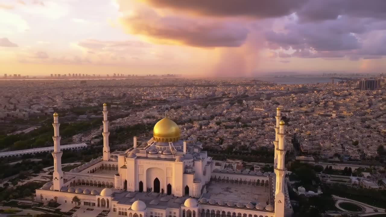 Video aereo di una grande moschea al tramonto, che mostra uno skyline mozzafiato e cupole dorate