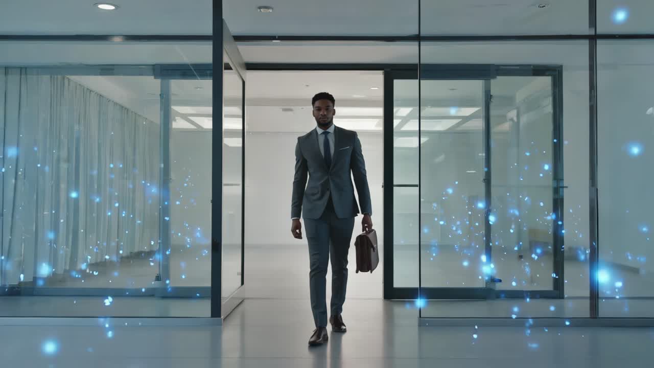 Businessman walking confidently in a modern office