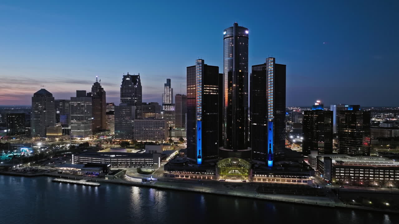 Detroit Skyline at Night: Aerial View of the RenCen and Downtown