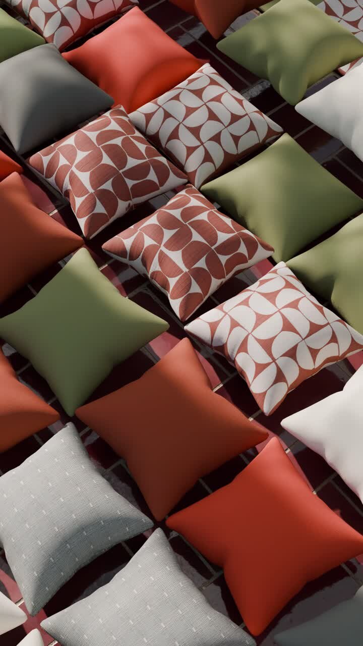 Colorful Patterned Pillows on Red Tiles