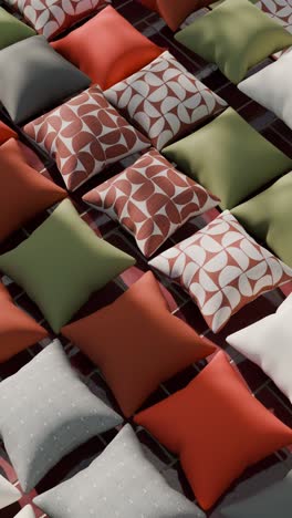 colorful patterned pillows on red tiles