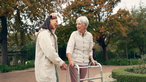 parque, caminante y mujer ayudan a los ancianos a caminar como