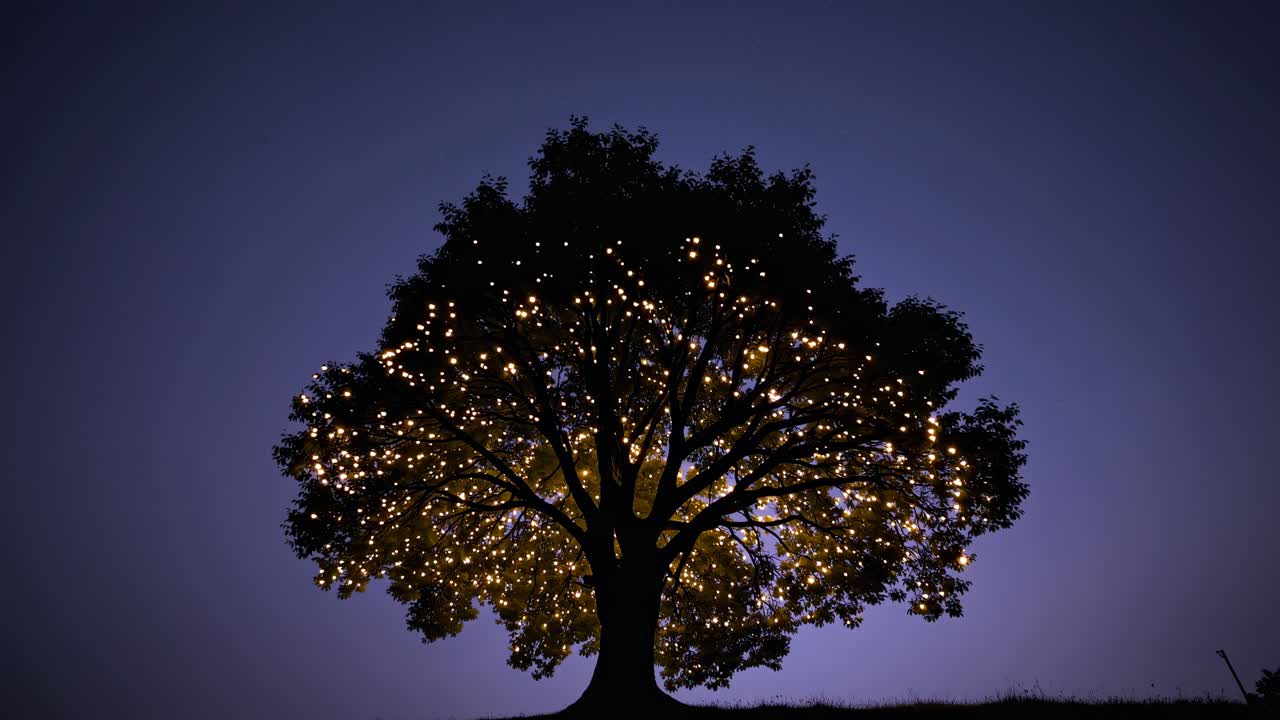 Silhouette of a tree against a twilight sky, captured from a low angle