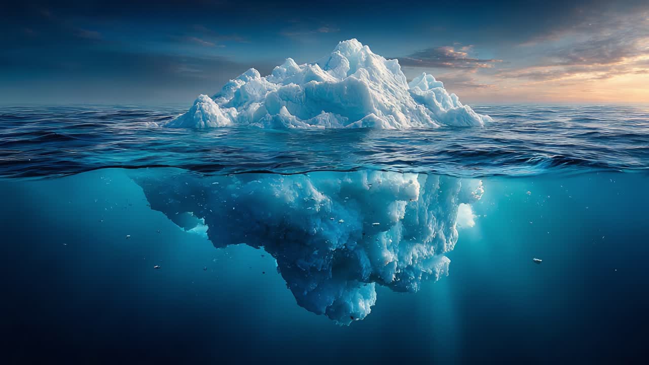 A Majestic Iceberg Emerges from the Ocean, Capturing the Tranquility and Beauty of Nature's Polar Wonders Beneath the Calm Waters at Sunset