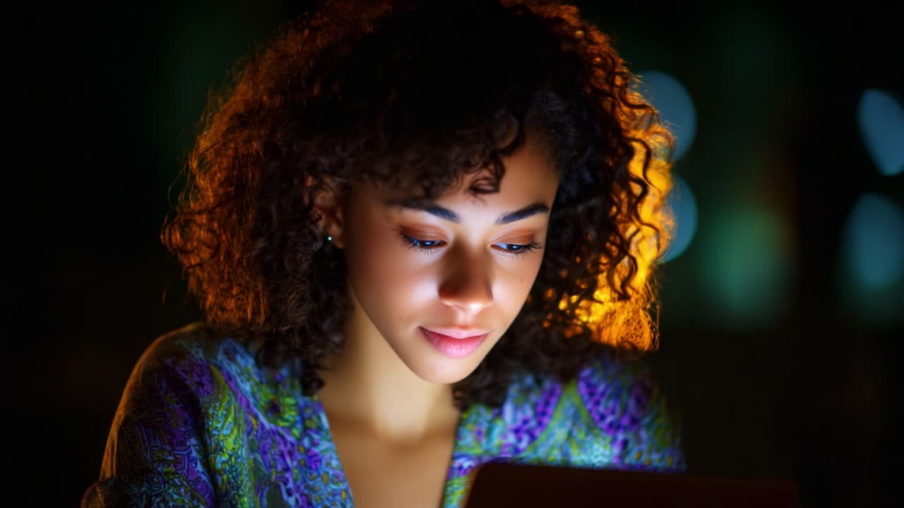 Engaged and Reflective: A Young Woman with Dark, Curly Hair Concentrating on Her Tablet in a Dimly Lit Space, Illuminated by the Screen's Soft Light While Surrounded by Blurred Background Bokeh Effects