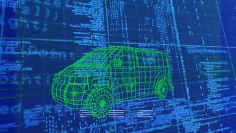 animation of van with graphical user interface moving over programming data and grid pattern