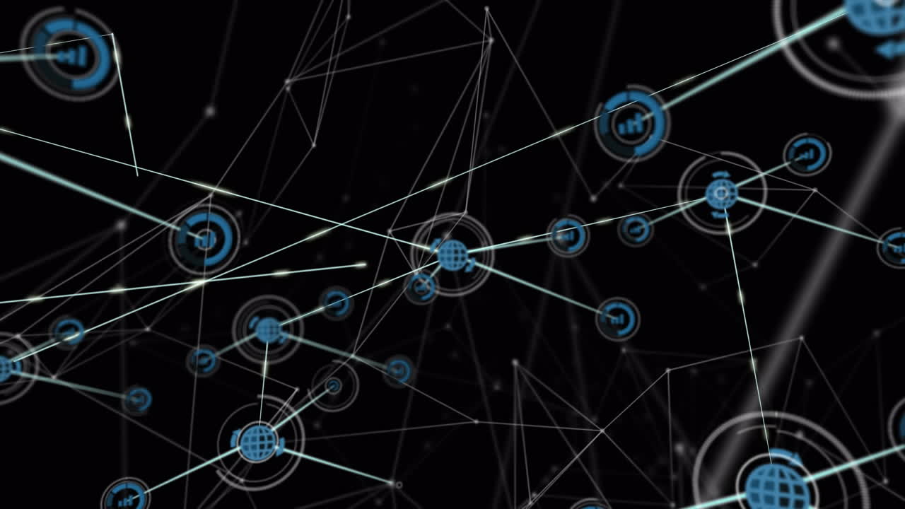 Animation of globe, bar graph icons and dots connected with lines moving on black background