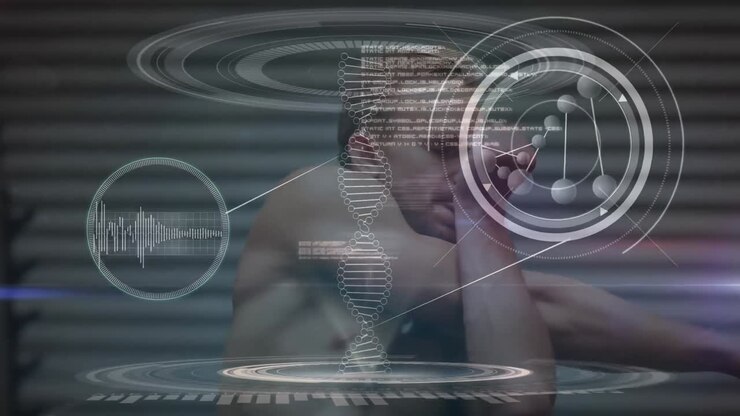 Animation af DNA-streng over muskuløs mand, der træner