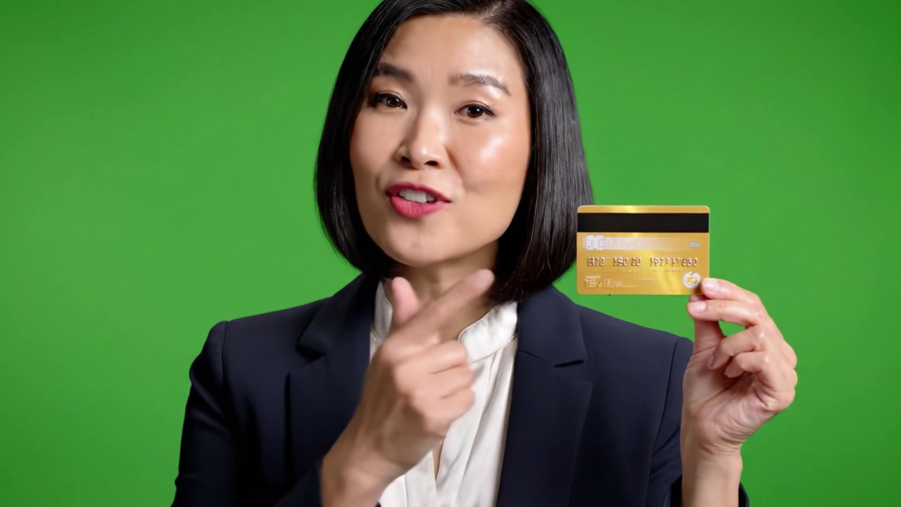 Confident Woman Showcasing a Credit Card Against a Vibrant Green Background, Highlighting Financial Empowerment and Opportunities for Consumers