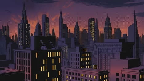city skyline at dusk with lit windows
