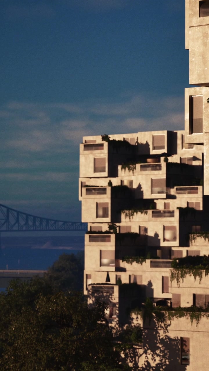 Edifício de Apartamentos Modular Moderno com Vegetação e Ponte