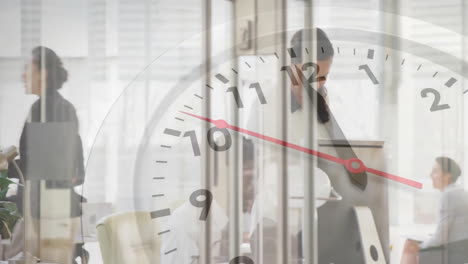 animation of clock moving over diverse colleagues working in office