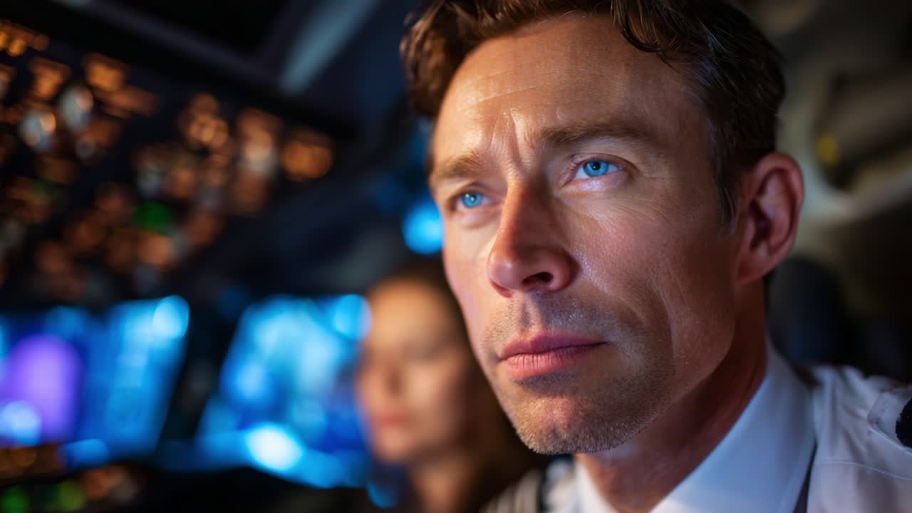 Focused Pilot in Cockpit, Engaged in Flight Operations with Attention to Detail on Controls for Safe Navigation and Professional Aircraft Management