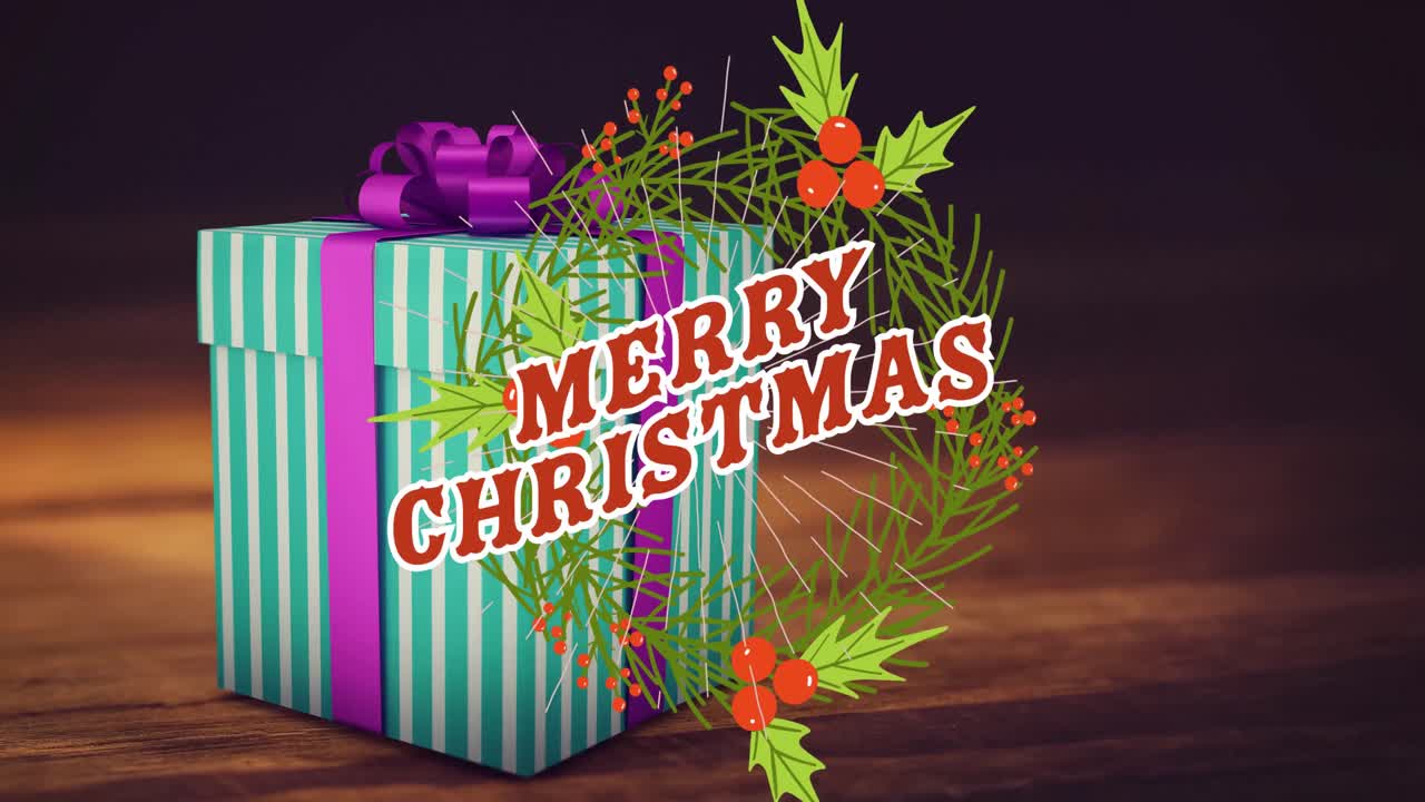 나무 배경에 크리스마스 선물 위에 메리 크리스마스 텍스트의 애니메이션