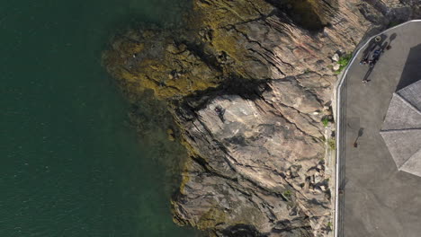 una vista de arriba hacia abajo de un hombre tendido sobre rocas junto al agua en un día soleado